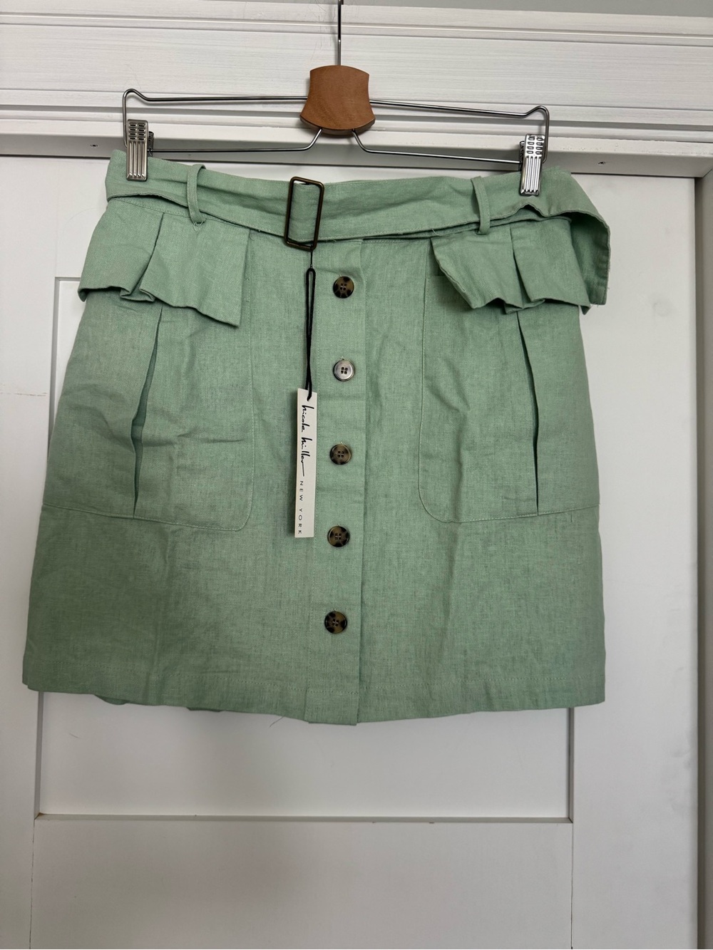 High-Waist Sage Green Button-Front, linen-blend mini skirt by Nicole Miller
